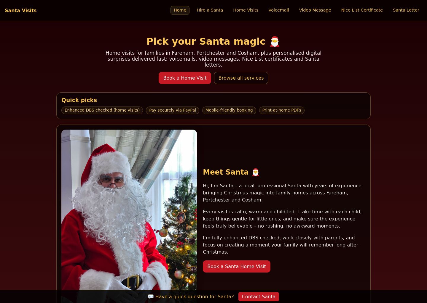 Screenshot of Santa Visit homepage
